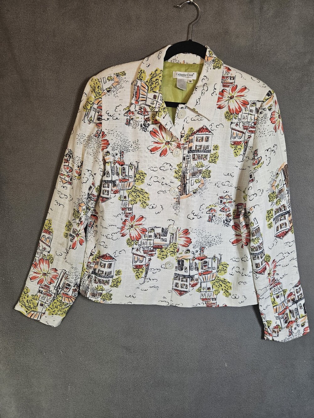 Vintage Coldwater Creek Floral Village Linen Blend Blazer Jacket Women Medium
